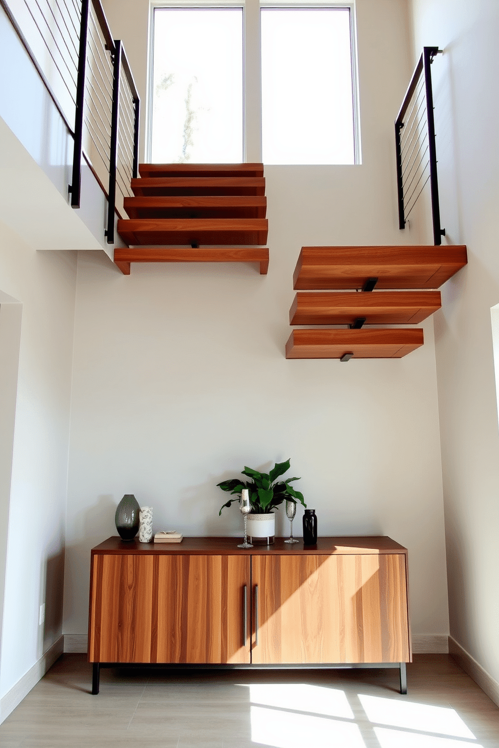 A stunning staircase featuring cantilevered wooden steps that create a floating effect. The design incorporates sleek metal railings and is illuminated by natural light pouring in through large windows. The walls are adorned with a soft, neutral palette, enhancing the warmth of the wood. Below the staircase, a stylish console table showcases decorative items and a vibrant indoor plant, adding a touch of life to the space.