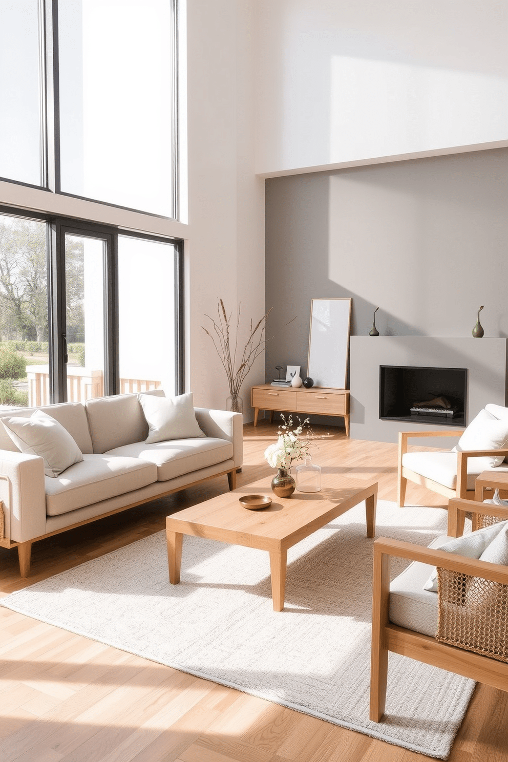 A minimalist family room featuring light wood furniture paired with neutral textiles creates a serene and inviting atmosphere. The space includes a low-profile sofa adorned with soft beige cushions, complemented by a sleek coffee table made of light oak. Large windows allow natural light to flood the room, highlighting the simplicity of the decor. A soft area rug in a light gray hue anchors the seating area, while a few carefully chosen decorative pieces add a touch of warmth and personality.