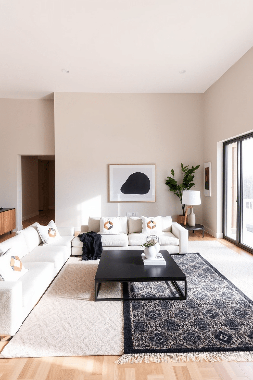 A minimalist family room features a spacious layout with simple geometric patterns adorning the soft furnishings, such as throw pillows and area rugs. The color palette consists of neutral tones, accented by a few bold colors to create a harmonious yet striking atmosphere. The furniture includes a low-profile sectional sofa and a sleek coffee table with clean lines, allowing for easy movement and an uncluttered feel. Large windows let in ample natural light, enhancing the simplicity of the decor and creating a warm, inviting space for family gatherings.