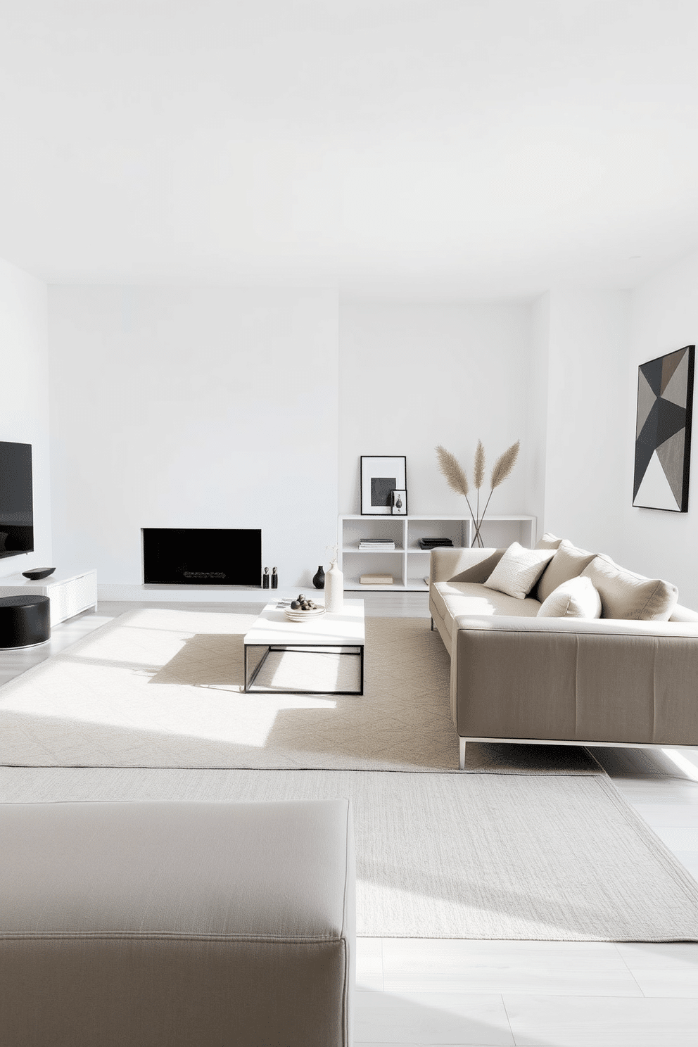 A minimalist family room features low-profile furniture that emphasizes a sleek and uncluttered aesthetic. The seating consists of a low-slung sectional sofa in a neutral fabric, complemented by a simple coffee table with clean lines. The walls are painted in a soft white, creating a bright and airy atmosphere. A large area rug in a muted geometric pattern anchors the space, while a few carefully curated decorative items add personality without overwhelming the design.