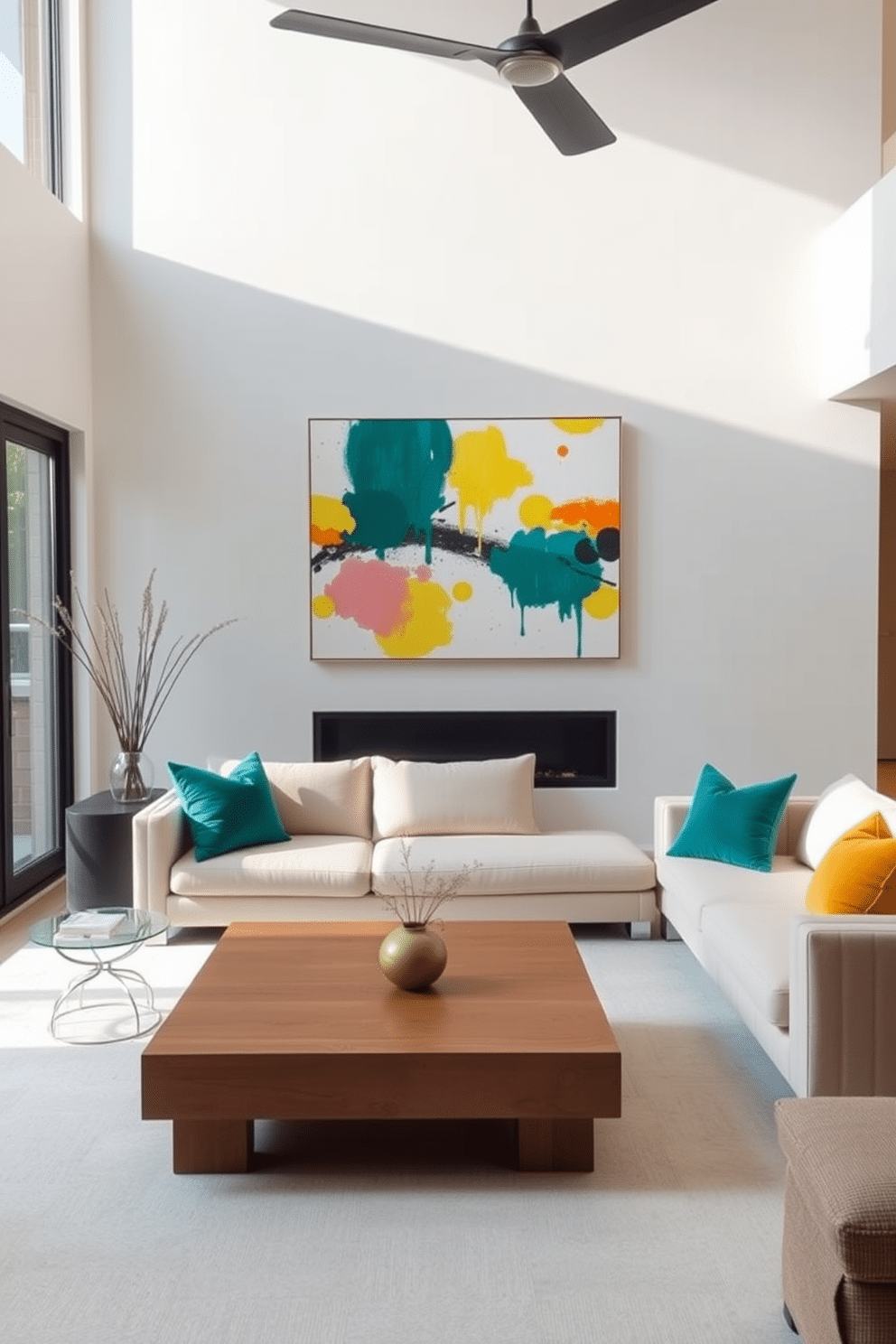 A minimalist family room featuring a neutral palette with pops of color. The space includes a sleek, low-profile sofa in a soft beige, accented by vibrant throw pillows in teal and mustard yellow. Natural light floods the room through large windows, illuminating a simple wooden coffee table at the center. A large abstract painting with bold splashes of color hangs on the wall, adding a focal point to the serene environment.