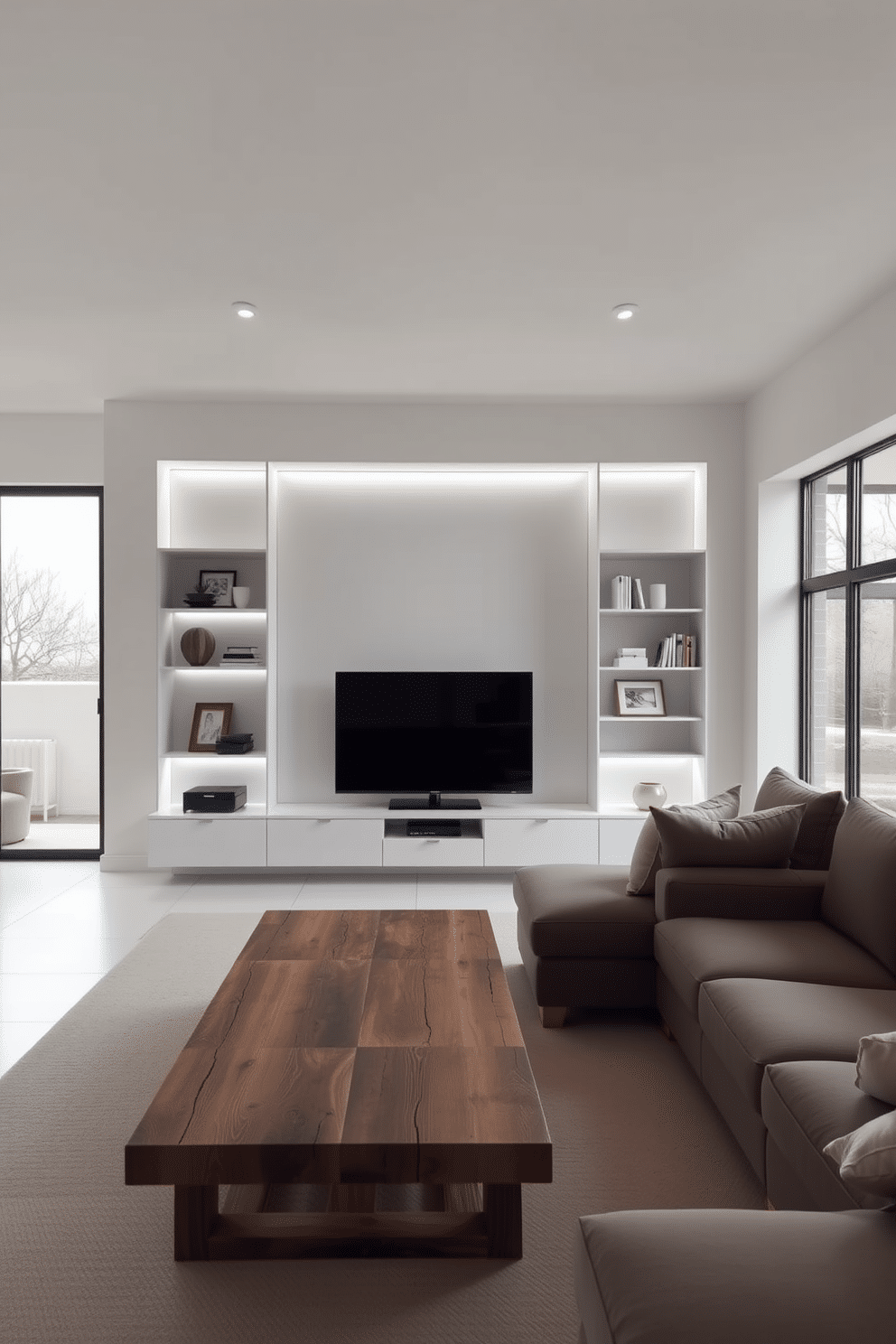 A streamlined entertainment center design features a sleek, wall-mounted unit with integrated LED lighting and a combination of open shelving and closed cabinets. The center is framed by a large, flat-screen television, with a subtle color palette of whites and grays that enhances the modern aesthetic. Minimalist family room design ideas include a spacious layout with a low-profile sectional sofa and a simple coffee table made of reclaimed wood. Large windows allow natural light to flood the room, highlighting a few carefully selected decorative pieces that maintain the uncluttered, serene atmosphere.