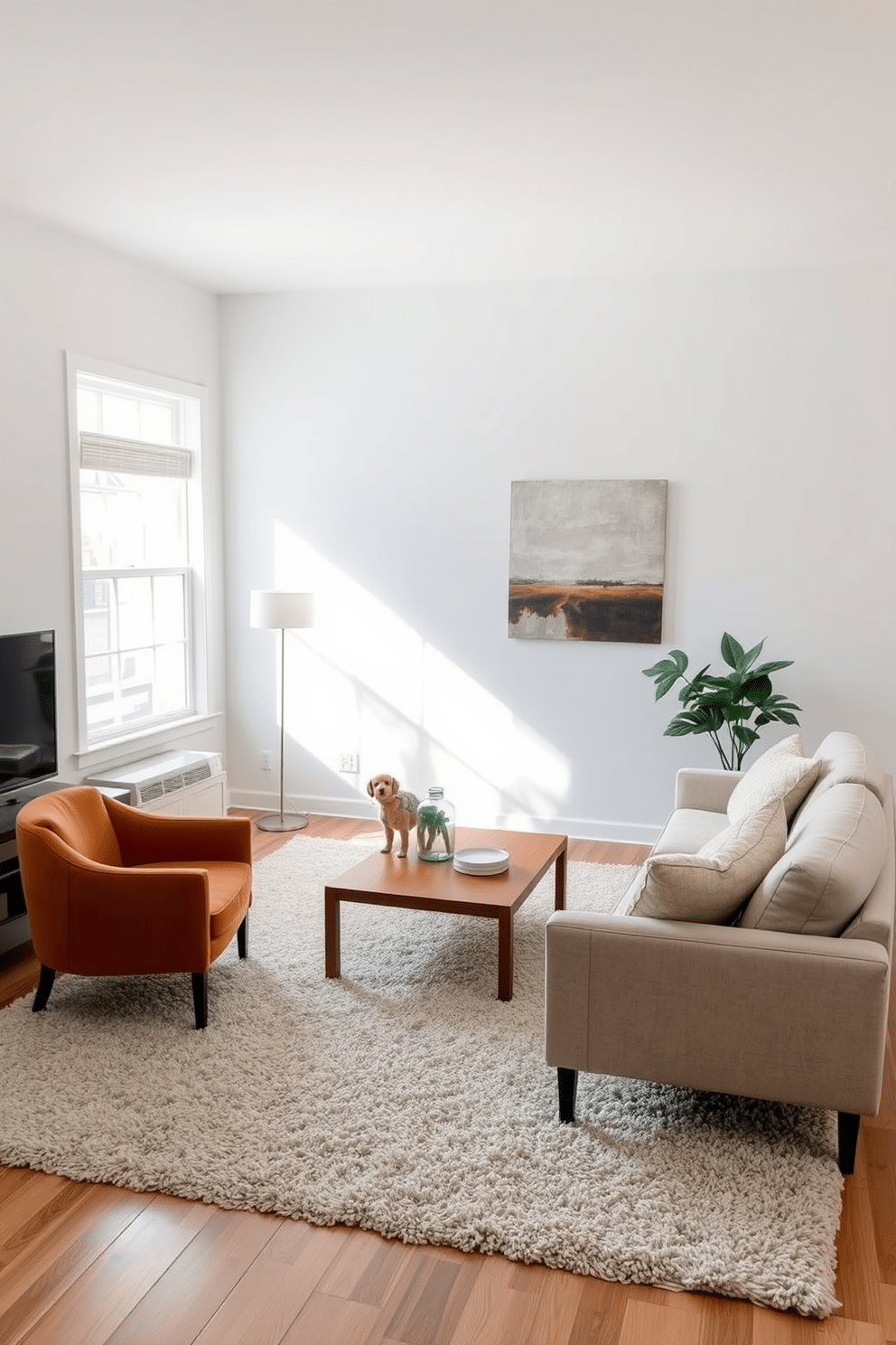 A decluttered family room features a sleek, low-profile sofa in a neutral tone, paired with a simple wooden coffee table. A single accent chair in a bold color adds a pop of interest, while a large window allows natural light to flood the space. The walls are painted in a soft white, creating an airy atmosphere, and a single piece of abstract art hangs above the sofa. A plush area rug anchors the seating area, providing warmth and comfort while maintaining the minimalist aesthetic.