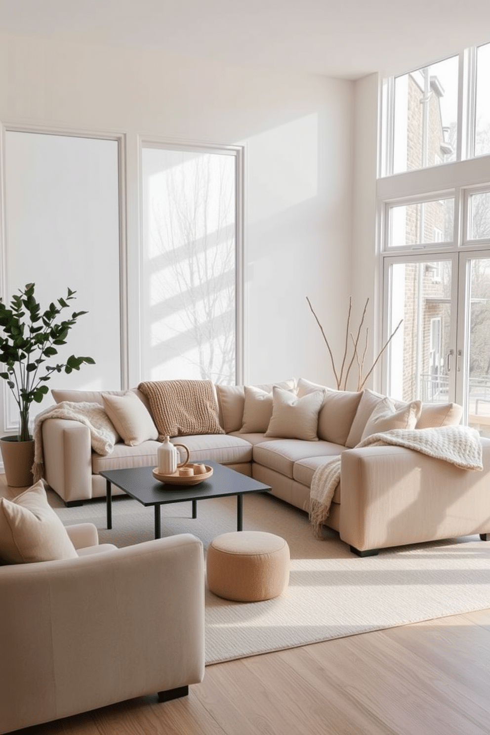 A minimalist family room features a neutral color palette with soft textures that promote relaxation. A large, comfortable sofa is adorned with textured throw blankets, inviting family gatherings and cozy evenings. The room is accented with a simple coffee table and a few carefully chosen decorative items that enhance the minimalist aesthetic. Natural light floods the space through large windows, creating an airy and inviting atmosphere.