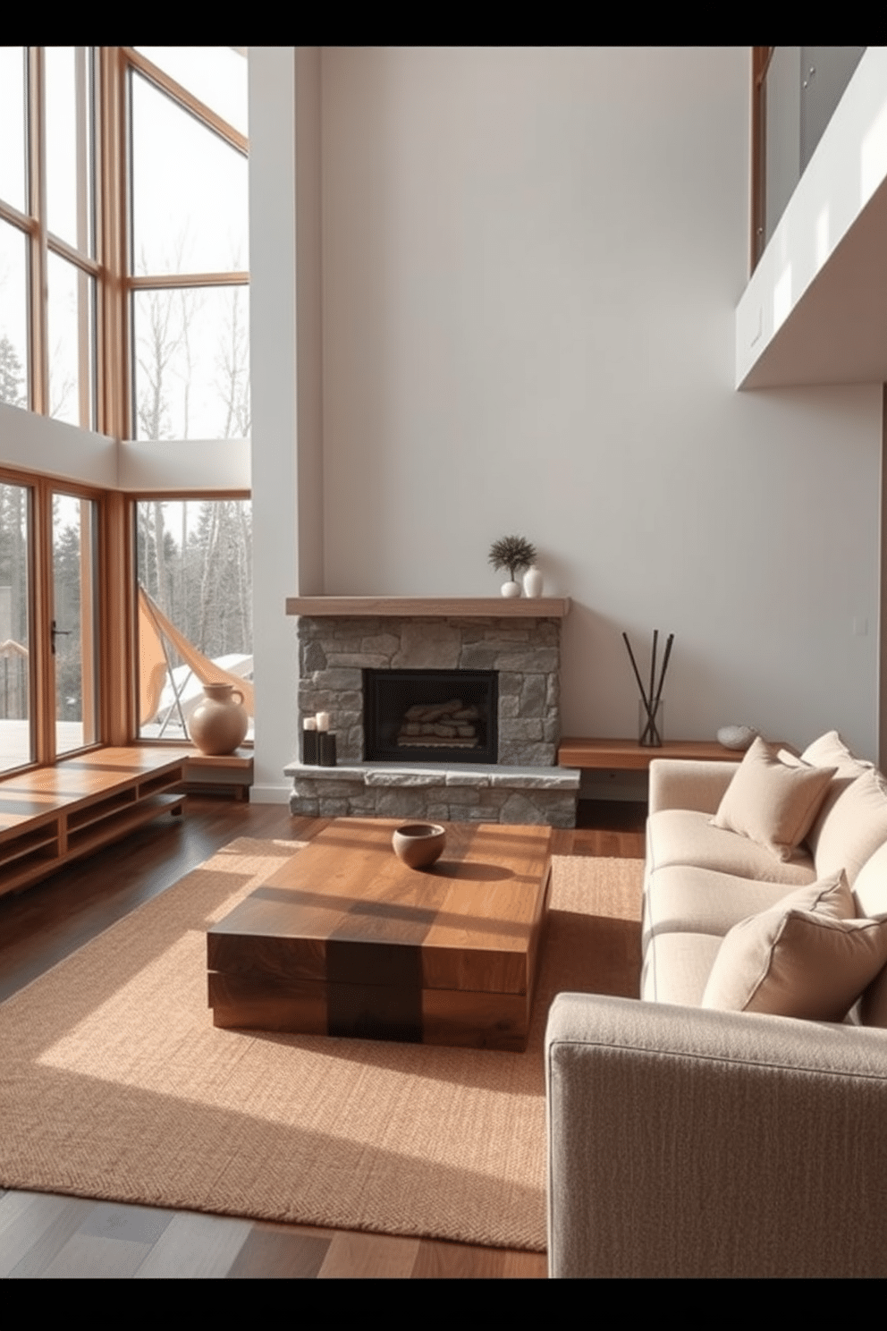 A minimalist family room featuring natural materials like wood and stone. The space includes a large wooden coffee table, a stone fireplace, and a plush, neutral-colored sofa with soft textiles. Large windows allow natural light to flood the room, highlighting the warm tones of the wood accents. A simple area rug in earthy hues anchors the seating area, creating a cozy and inviting atmosphere.