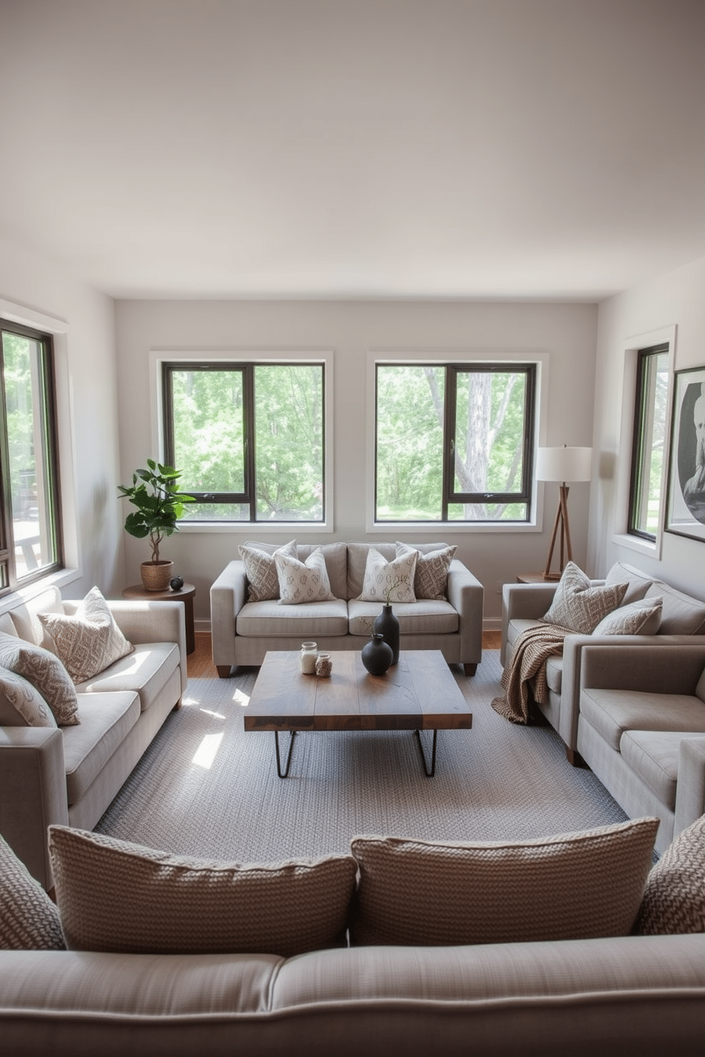 A cozy family room featuring a compact seating arrangement designed for intimate gatherings. Soft, neutral-toned sofas with plush cushions are arranged in a circular layout, encouraging conversation and connection. The room is accented with a sleek coffee table made of reclaimed wood, adding warmth to the minimalist aesthetic. Large windows allow natural light to flood the space, highlighting the simplicity of the decor and enhancing the inviting atmosphere.