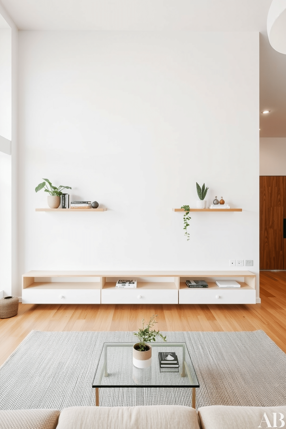 A minimalist family room features floating shelves on the walls, creating an open and airy feel while maximizing floor space. The shelves are adorned with carefully curated decor, including plants and books, enhancing the room's simplicity and elegance.