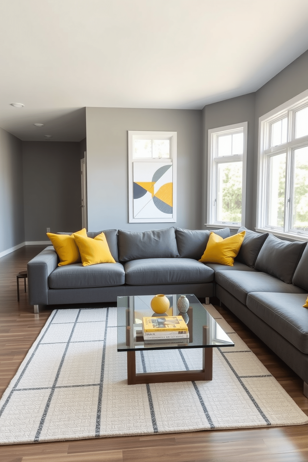 A minimalist family room featuring a monochromatic color scheme, with soft gray walls and a plush gray sectional sofa that invites relaxation. Bold accents are introduced through vibrant yellow throw pillows and a geometric area rug, creating a striking contrast against the neutral backdrop. The room is anchored by a sleek coffee table with a glass top and a simple wooden base, complemented by a few carefully selected decorative books. Large windows allow natural light to flood the space, enhancing the airy feel and highlighting the minimalist decor.