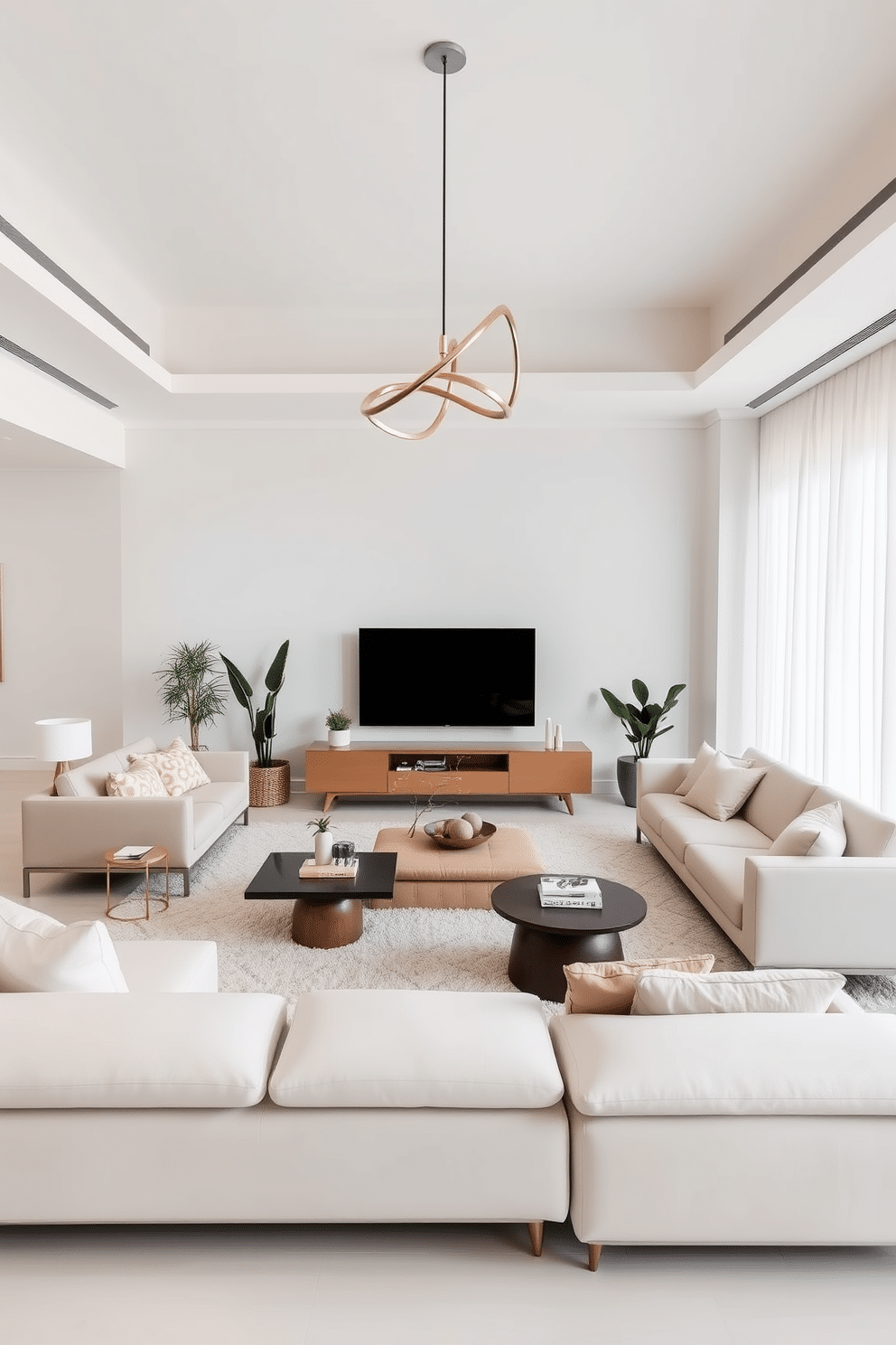 A minimalist family room featuring sleek, modern furniture with clean lines. The space is enhanced by unique lighting fixtures that add character, such as a sculptural pendant light that serves as a focal point. The color palette consists of soft neutrals, creating a serene atmosphere. A large, plush area rug anchors the seating arrangement, while strategically placed plants bring a touch of nature indoors.