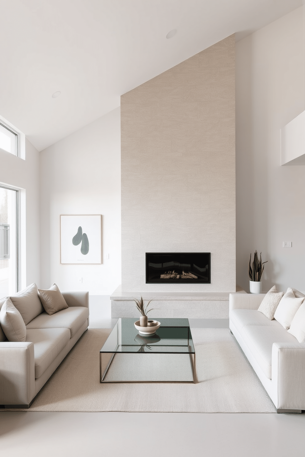 A sleek, modern fireplace serves as the focal point of the minimalist family room, featuring a clean, linear design with a smooth stone facade. Surrounding the fireplace, the space is adorned with minimalist furniture, including a low-profile sectional sofa in neutral tones and a simple coffee table made of glass and metal. The walls are painted in a soft white hue, enhancing the airy feel of the room, while large windows allow natural light to flood in. A few carefully chosen decorative elements, such as a single piece of abstract art and a potted plant, add subtle warmth without cluttering the space.