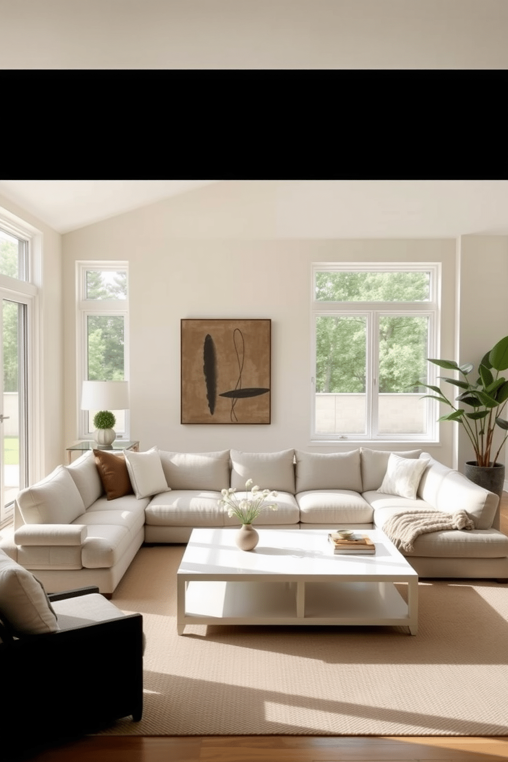 A minimalist family room features a cohesive color scheme with soft beige walls and a light gray sectional sofa, complemented by a sleek, white coffee table. Natural light floods the space through large windows, enhancing the airy feel, while a few carefully chosen decorative elements, such as a simple abstract painting and potted plants, add warmth without cluttering the design.