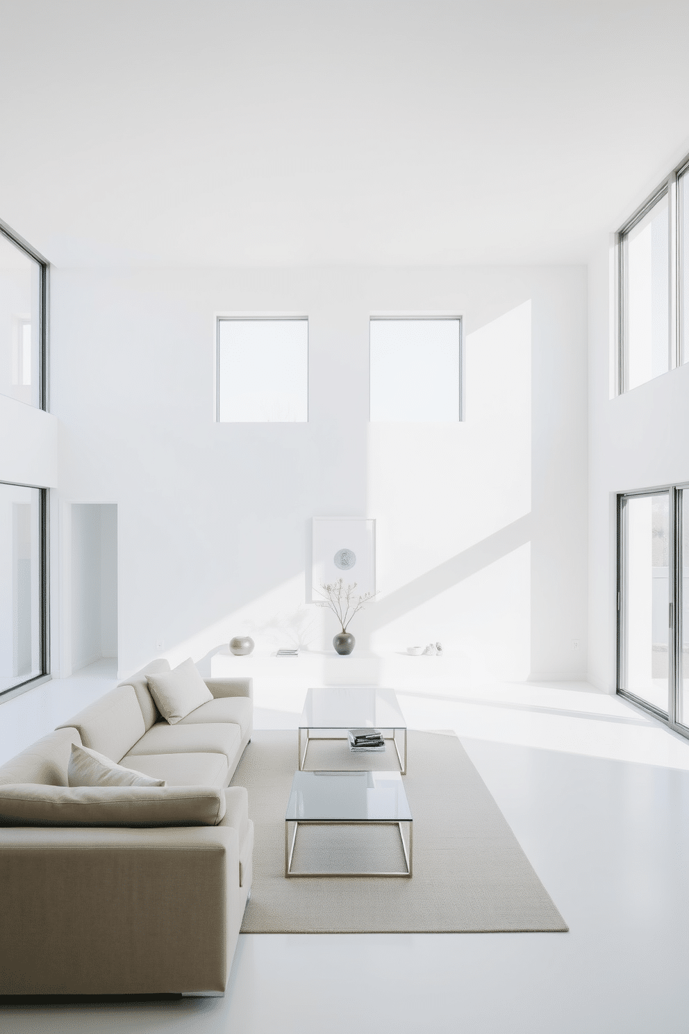 A minimalist family room with a spacious layout featuring large floor-to-ceiling windows that flood the space with natural light. The walls are painted in a soft white, and a sleek, low-profile sectional sofa in a neutral tone faces a minimalist coffee table made of glass and metal. On the opposite wall, a large, frameless mirror reflects the room's openness, enhancing the perception of space. A few carefully selected decorative items, such as a single potted plant and a simple wall art piece, add warmth without cluttering the design.