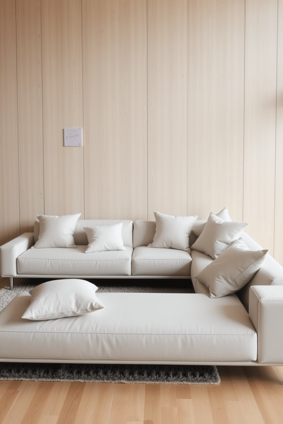 A minimalist family room features neutral-toned cushions scattered across a sleek, low-profile sofa, inviting relaxation and comfort. The walls are adorned with light wood paneling, and a soft area rug defines the seating area, enhancing the room's serene atmosphere.