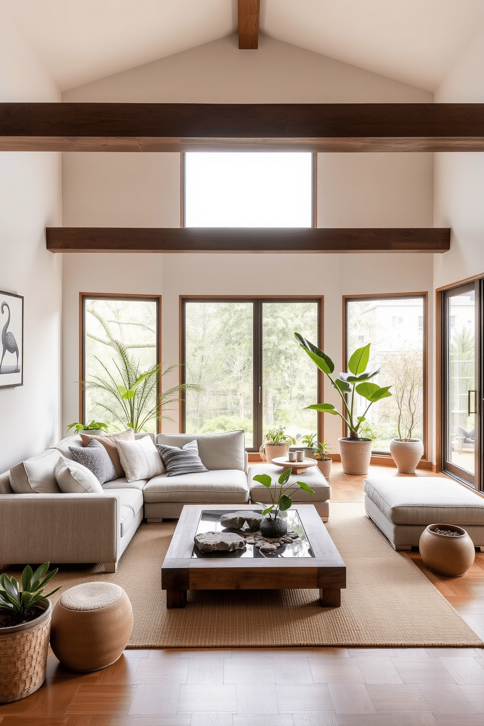 A serene family room with Zen-inspired decor that promotes tranquility. Soft, neutral tones dominate the space, featuring a low-profile sectional sofa adorned with textured cushions and a simple wooden coffee table. Natural elements are integrated throughout, including a small indoor water feature and strategically placed potted plants. The walls are adorned with subtle artwork that reflects nature, and large windows allow ample natural light to fill the room.