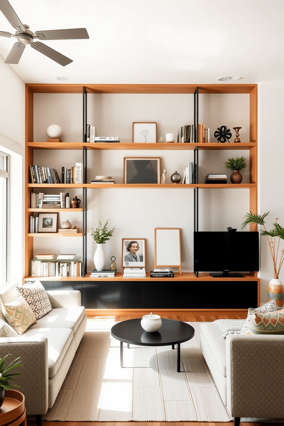 A minimalist family room featuring open shelving that enhances the sense of spaciousness. The shelves are filled with carefully curated decor items and books, creating a clean and organized look while allowing light to flow freely through the space.