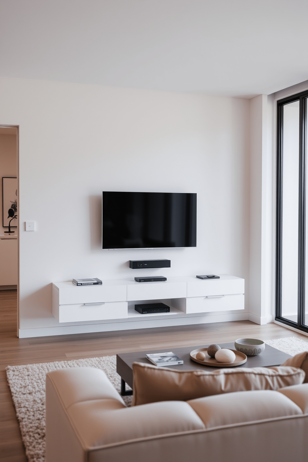 A minimalist family room features a flat-screen TV mounted on a sleek, wall-mounted unit that blends seamlessly with the surrounding decor. The space is adorned with a neutral color palette, complemented by a plush, low-profile sofa and a simple coffee table, creating an inviting yet uncluttered atmosphere.