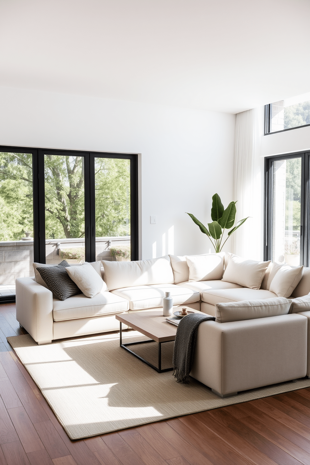 A minimalist family room featuring soft textures and minimal decor accents. The space includes a plush, light-colored sectional sofa adorned with a few textured throw pillows, complemented by a sleek, low-profile coffee table in natural wood. The walls are painted in a soft white hue, enhancing the airy feel of the room, while a cozy area rug in a muted tone anchors the seating area. Large windows allow natural light to flood the space, with sheer curtains that gently diffuse the sunlight, creating a warm and inviting atmosphere.