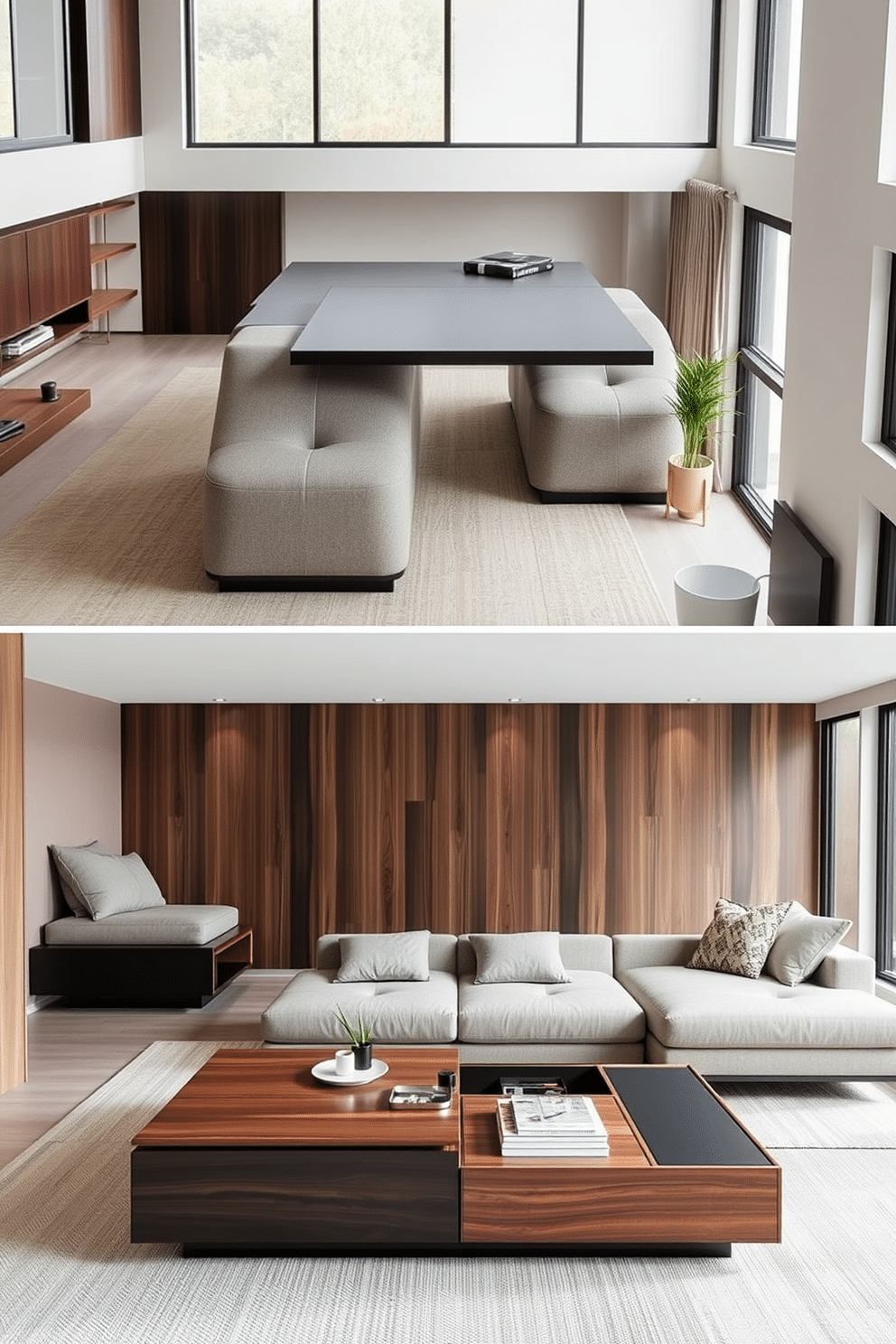 A sleek, multi-functional coffee table that transforms into a dining table sits at the center of a compact living area. Surrounding it are modular sofas that can be rearranged to accommodate guests, with hidden storage compartments for blankets and games. The family room features a minimalist design with a neutral color palette, showcasing a low-profile sectional sofa paired with a simple wooden coffee table. Large windows allow natural light to flood the space, highlighting a few carefully chosen decorative elements like a single piece of art and a potted plant for a touch of warmth.