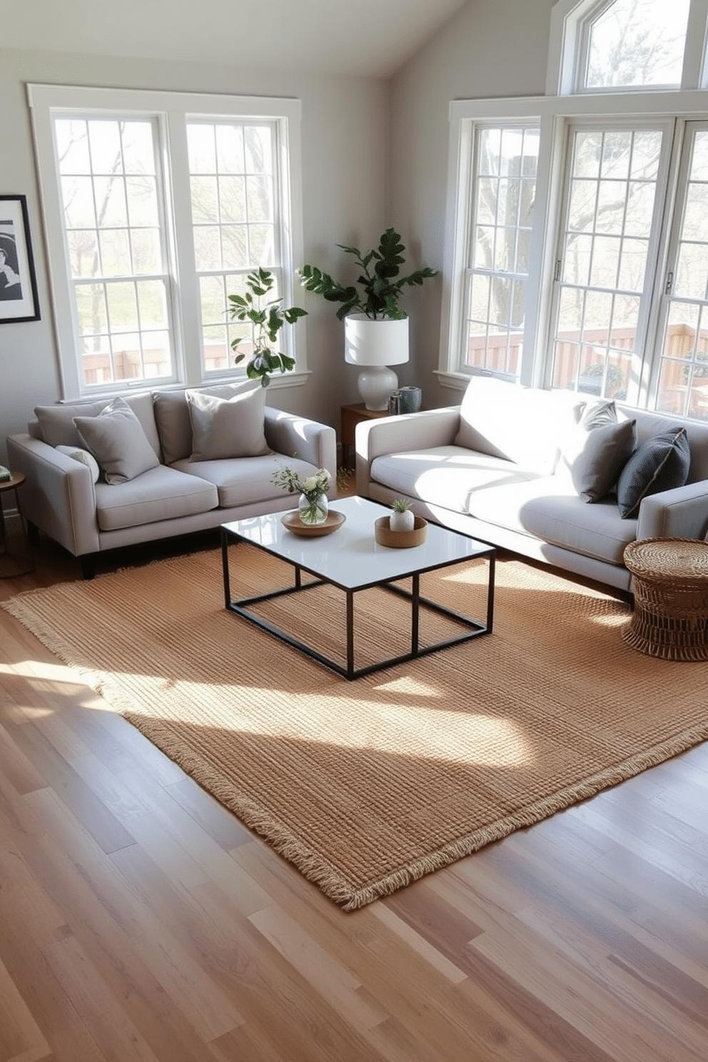 A cozy family room featuring layered rugs that add warmth and comfort. The space is designed with a neutral color palette, complemented by a sleek sofa and a minimalist coffee table at the center. The layered rugs create a soft, inviting atmosphere, with a larger jute rug underneath and a smaller patterned rug on top. Large windows allow natural light to flood the room, highlighting the simple yet elegant decor.