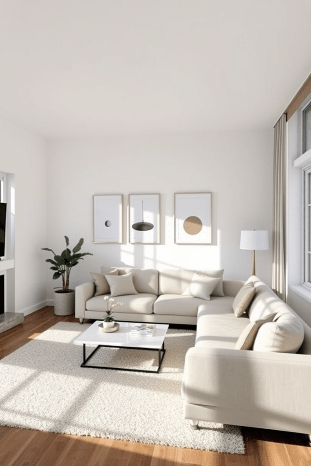 A serene family room featuring clean, white walls adorned with minimalist art pieces that emphasize simplicity and elegance. The space includes a light gray sectional sofa, a sleek coffee table, and a few carefully selected decorative items that enhance the room's uncluttered aesthetic. The room is illuminated by natural light streaming through large windows, creating a bright and inviting atmosphere. A soft area rug anchors the seating arrangement, while a potted plant adds a touch of greenery, complementing the minimalist design.