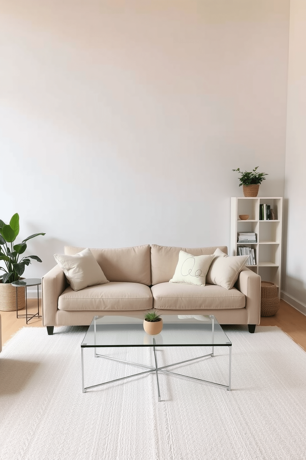 A serene family room featuring a minimalist design aesthetic. The space is adorned with a neutral color palette, showcasing a plush beige sofa and a sleek glass coffee table at the center. In the corners, strategically placed indoor plants add a touch of nature and freshness to the environment. A simple bookshelf with clean lines displays a few curated books and decorative items, enhancing the room's uncluttered feel.