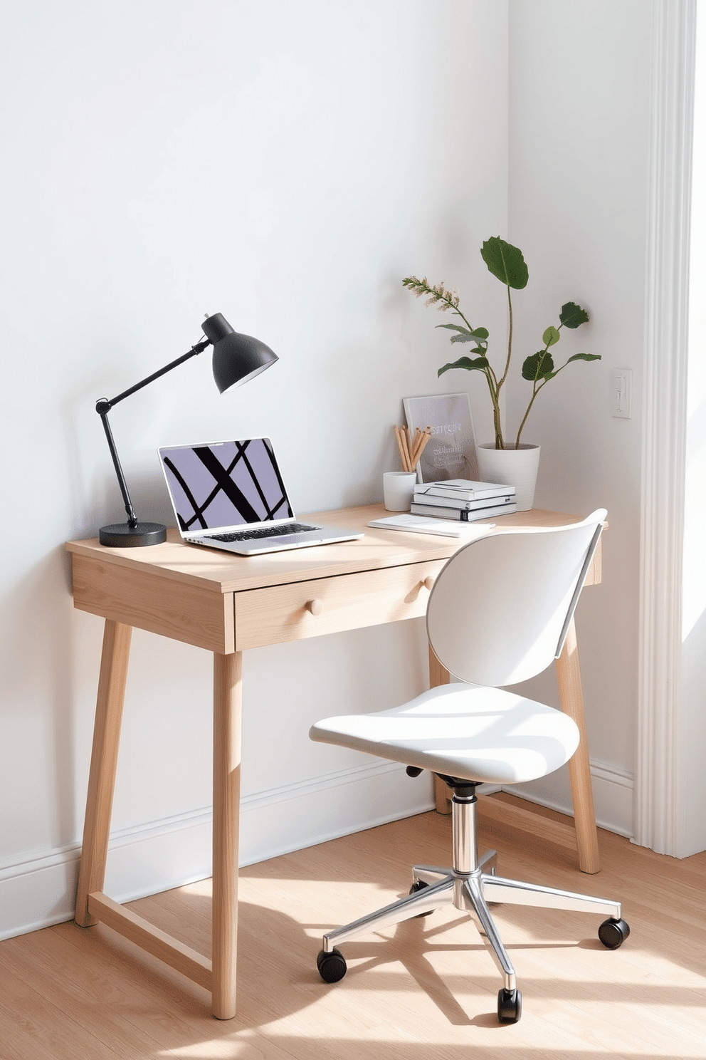 A light wood desk is positioned against white walls, creating a serene and airy atmosphere. The desk is adorned with a sleek laptop, a minimalistic desk lamp, and a few carefully arranged stationery items. A comfortable, ergonomic chair complements the desk, providing both style and functionality. Natural light streams in through a nearby window, enhancing the clean lines and uncluttered aesthetic of the space.