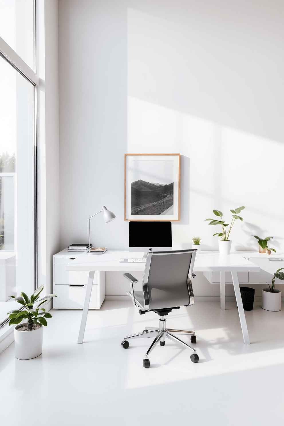 A minimalist home office featuring a sleek, white desk with a single statement art piece mounted on the wall behind it. The space is illuminated by natural light streaming through a large window, with a simple ergonomic chair and a few potted plants to add a touch of greenery.