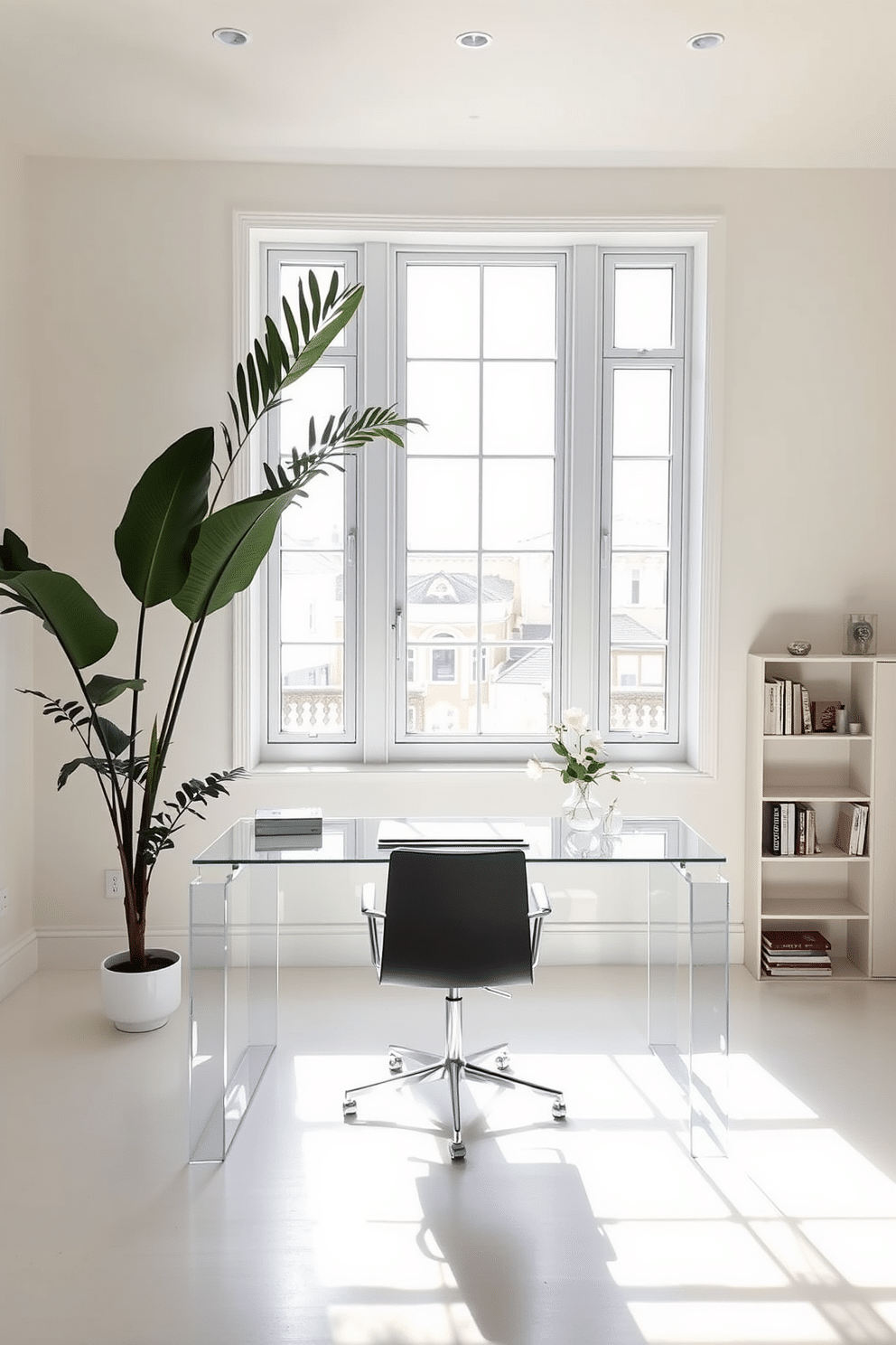 A clear acrylic desk sits in the center of a minimalist home office, enhancing the sense of space and light. The walls are painted in a soft white, and a sleek, modern chair complements the desk, creating a harmonious and uncluttered workspace. Natural light floods the room through large windows, illuminating a few carefully selected decorative elements. A potted plant in the corner adds a touch of greenery, while a simple bookshelf against one wall holds a curated collection of books and minimalistic decor.