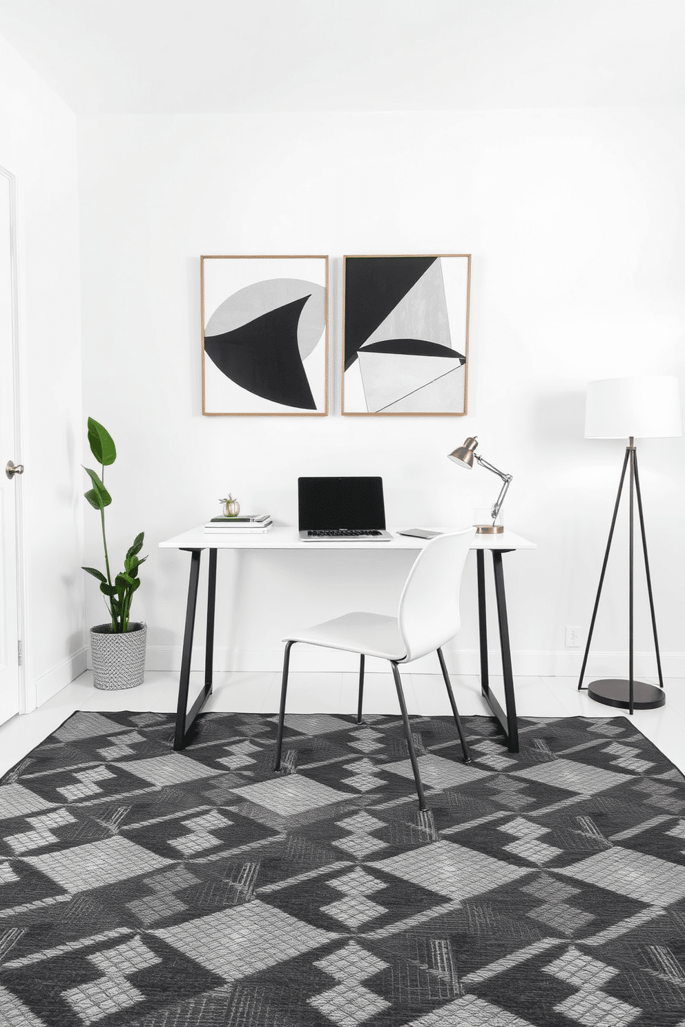 A modern home office features a sleek desk with clean lines, positioned against a wall adorned with geometric art pieces that create a striking focal point. The floor is covered with a rug displaying bold geometric patterns, adding texture and interest while maintaining a minimalist aesthetic. In this minimalist design, a simple color palette of whites and grays enhances the spacious feel of the room. A few carefully selected decorative items, such as a potted plant and a stylish lamp, provide functionality without cluttering the space.