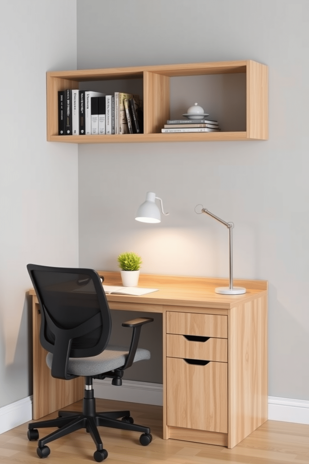 A compact desk with built-in storage is positioned against a light gray wall, creating a functional workspace. The desk features sleek lines and a natural wood finish, complemented by a stylish ergonomic chair in soft fabric. Above the desk, open shelving displays neatly organized books and decorative items, enhancing the minimalist aesthetic. A small potted plant adds a touch of greenery, while a modern desk lamp provides focused lighting for productivity.