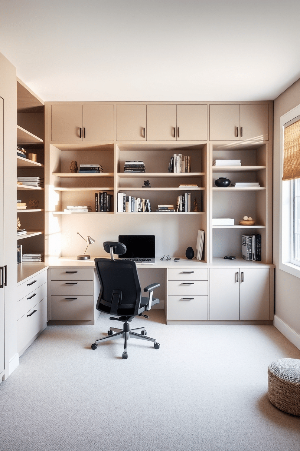 A minimalist home office features a blend of open and closed shelving, creating a harmonious balance between functionality and aesthetics. The open shelves display curated books and decorative items, while the closed cabinets provide discreet storage for office supplies and files. The workspace is anchored by a sleek, modern desk with clean lines, complemented by a comfortable ergonomic chair. Natural light floods the room through a large window, enhancing the serene atmosphere with soft, neutral tones on the walls and flooring.