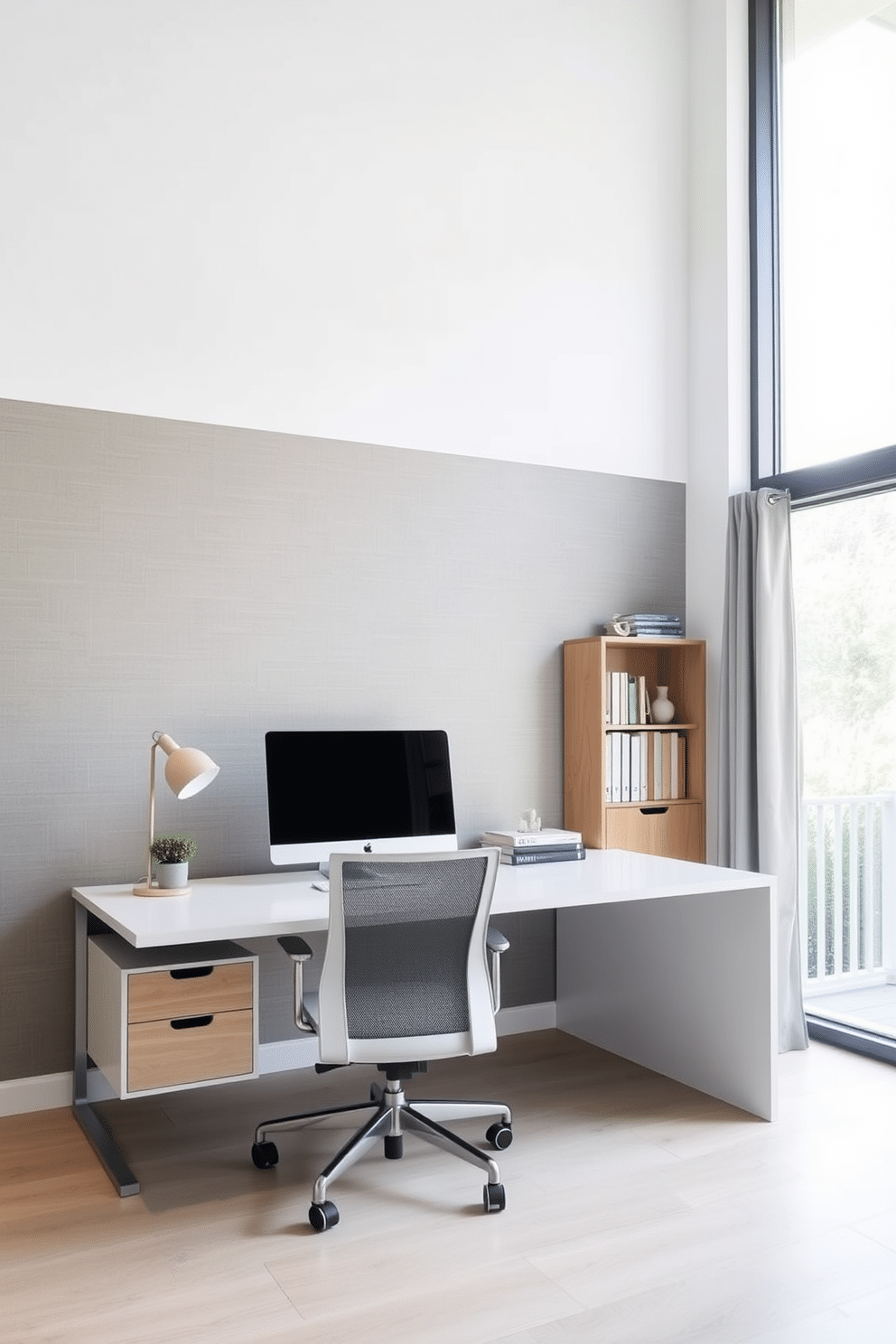 A minimalist home office features a textured accent wall that adds depth and character to the space. The desk is sleek and simple, paired with a comfortable ergonomic chair, while natural light floods in through a large window, enhancing the airy atmosphere.