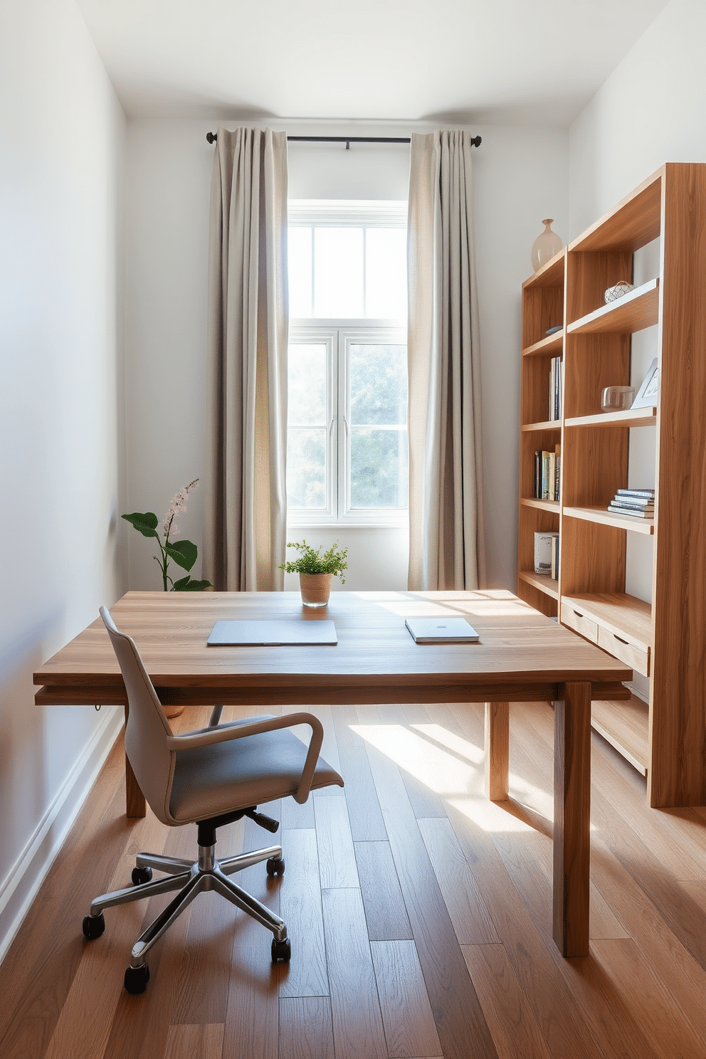 A serene minimalist home office features a large wooden desk crafted from reclaimed oak, paired with a sleek ergonomic chair in a neutral tone. Natural light floods the space through a large window adorned with simple linen curtains, illuminating the warm wood tones and creating an inviting atmosphere. The walls are painted in a soft white, enhancing the feeling of openness, while a single potted plant adds a touch of greenery to the corner. Shelves made from natural wood display a curated selection of books and decorative items, maintaining the minimalist aesthetic while providing functional storage.