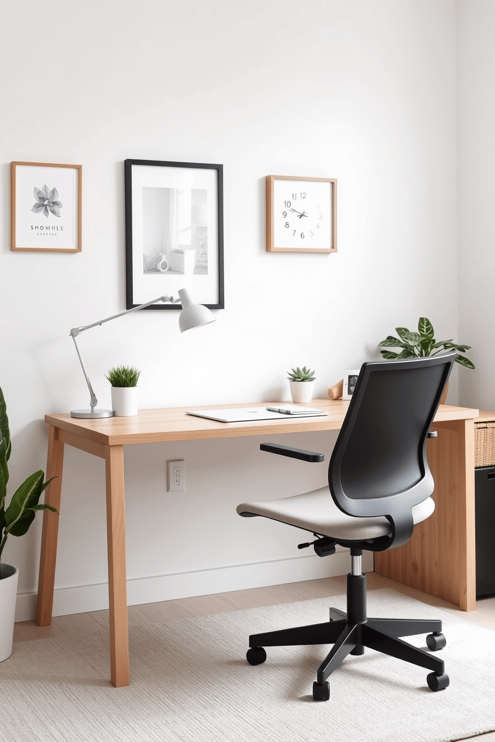 A decluttered workspace features a sleek desk made of light wood, accompanied by a comfortable ergonomic chair in a neutral fabric. Essential items like a minimalist desk lamp and a small potted plant are strategically placed to enhance productivity and aesthetics. The walls are painted in a soft white, creating a bright and airy atmosphere. A few well-chosen decorative elements, such as framed artwork and a simple wall clock, add personality without overwhelming the space.