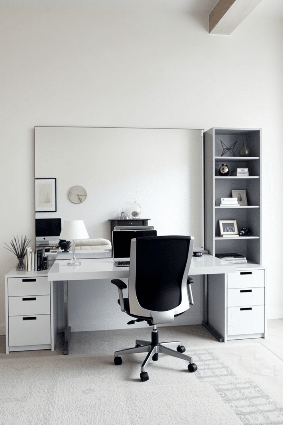 A spacious home office features a large, frameless mirror on the wall opposite a sleek desk, maximizing light reflection and creating an airy atmosphere. The desk is paired with a modern ergonomic chair, and minimalist shelving units display curated decor items, maintaining a clean and organized look.