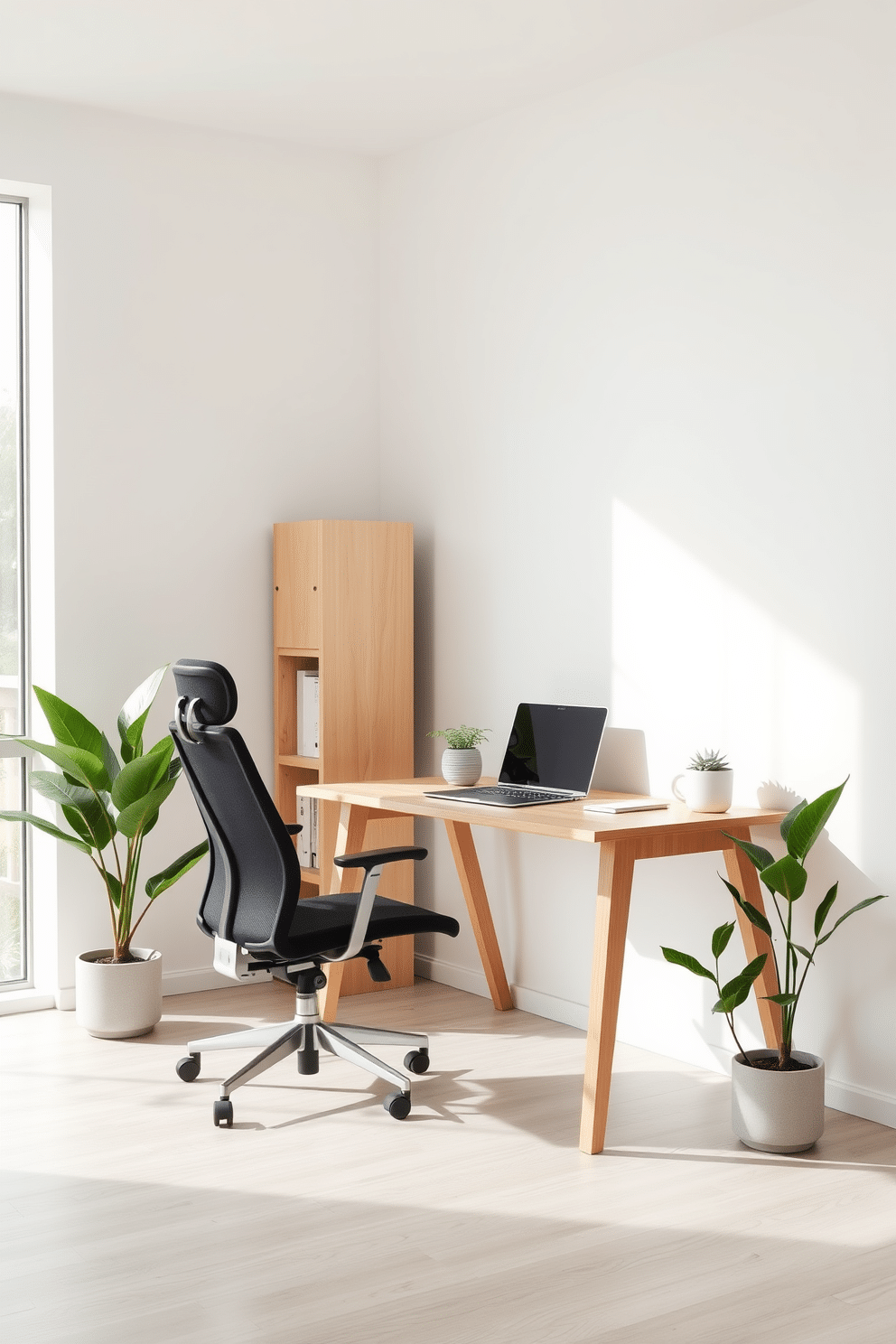 A minimalist home office featuring a sleek desk made of light wood, paired with a comfortable ergonomic chair. The space is adorned with greenery in simple ceramic pots, strategically placed to enhance the fresh and airy atmosphere. The walls are painted in a soft white, complemented by a large window that allows natural light to flood the room. A minimalist bookshelf in the corner holds a few select books and decorative items, maintaining the uncluttered aesthetic.