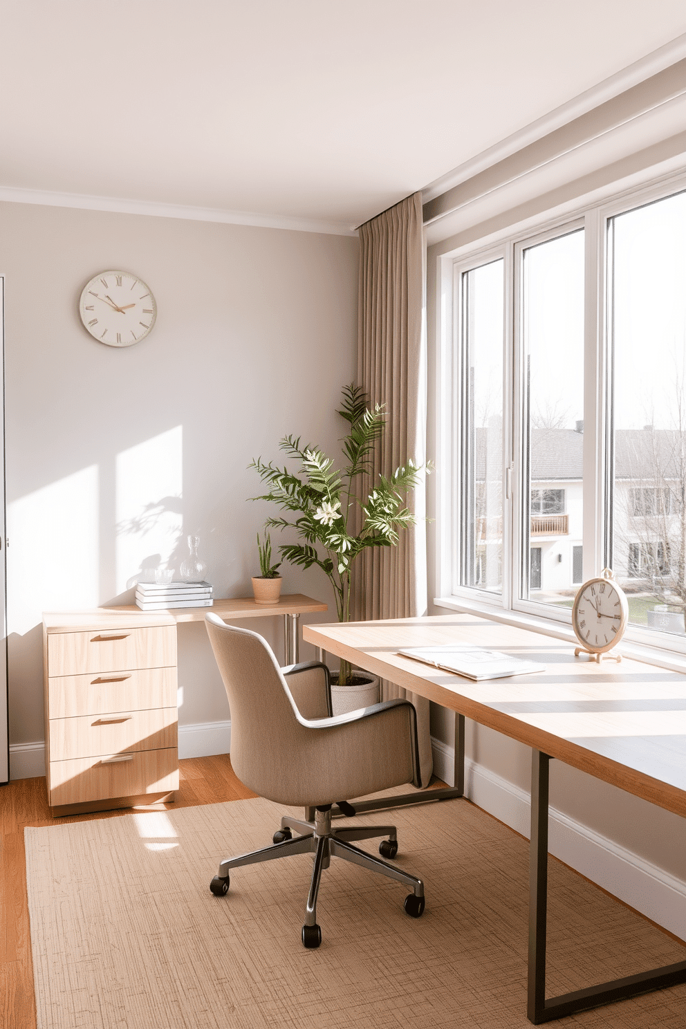 A serene home office space featuring soft, muted color accents that create a calming atmosphere. The room is designed with a sleek, minimalist desk made of light wood, accompanied by a comfortable, ergonomic chair in a neutral fabric. Natural light floods in through large windows, illuminating the room's clean lines and uncluttered surfaces. A few carefully selected decorative items, such as a small potted plant and a minimalist clock, add subtle personality without overwhelming the space.