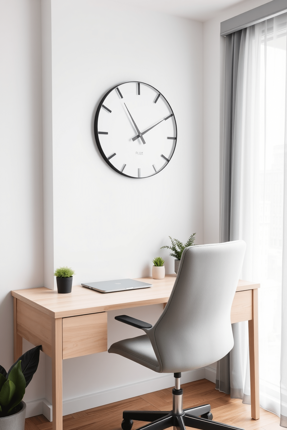 A sleek, minimalist clock hangs on a white wall, featuring a simple black frame and clean, unobtrusive lines. Its face is devoid of numbers, showcasing only elegant hour and minute hands that glide smoothly, embodying the essence of functional decor. The minimalist home office is designed with a light wood desk positioned against a large window, allowing natural light to flood the space. A comfortable, ergonomic chair in soft gray complements the neutral color palette, while a few carefully selected plants add a touch of greenery and warmth to the atmosphere.