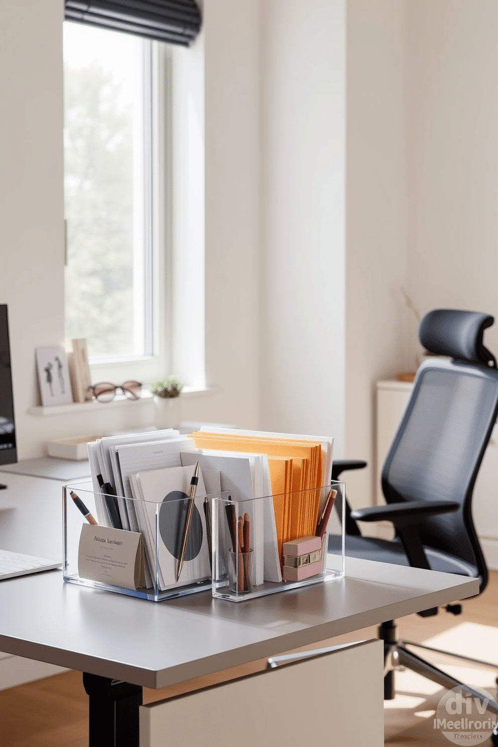 A sleek desk is adorned with stylish file organizers made of clear acrylic, each neatly holding various documents and stationery. The workspace features a minimalist aesthetic, with a muted color palette and a few carefully chosen decorative items to maintain a clean and uncluttered look. Natural light floods the room through a large window, highlighting the simplicity of the design. A comfortable ergonomic chair complements the desk, inviting productivity while ensuring comfort during long working hours.