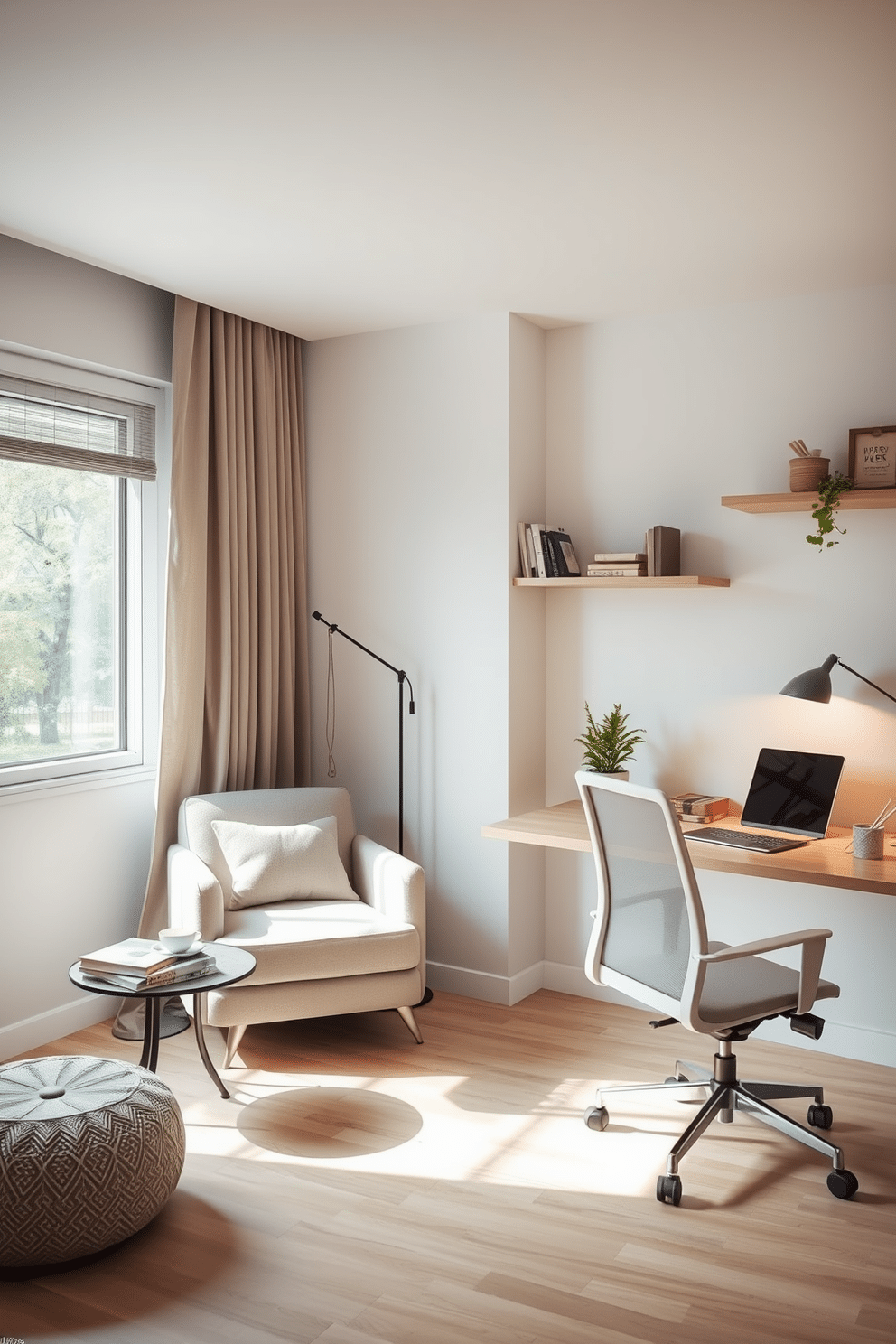 A cozy reading nook corner features a plush armchair upholstered in soft, neutral fabric, positioned next to a large window that allows natural light to flood the space. A small side table holds a stack of books and a steaming cup of tea, while a floor lamp with a warm glow creates an inviting atmosphere for reading. The minimalist home office design emphasizes clean lines and functionality, with a sleek desk made of light wood and a comfortable ergonomic chair. A single potted plant adds a touch of greenery, and wall-mounted shelves display essential items without cluttering the workspace.