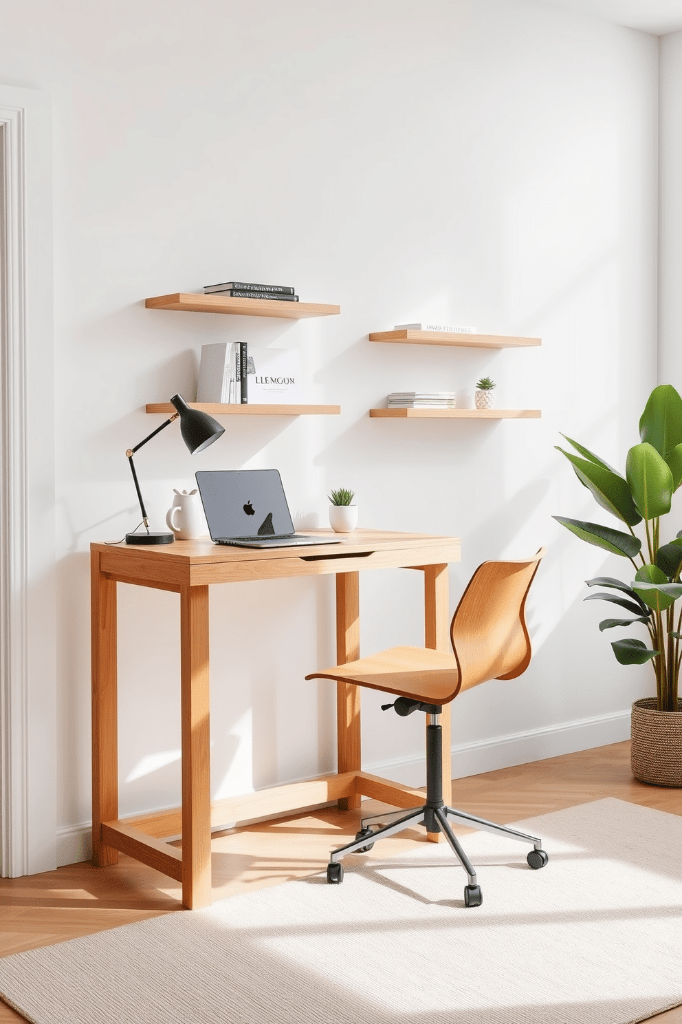 A sleek minimalist home office features a standing desk made of natural wood, paired with a simple, ergonomic chair that complements the clean lines of the space. The walls are painted in a soft white, allowing the natural light to fill the room, while a small potted plant adds a touch of greenery on the desk. Floating shelves hold a few carefully selected books and decorative items, keeping the workspace uncluttered and visually appealing. A soft area rug underfoot adds warmth, providing a cozy contrast to the minimalist aesthetic.