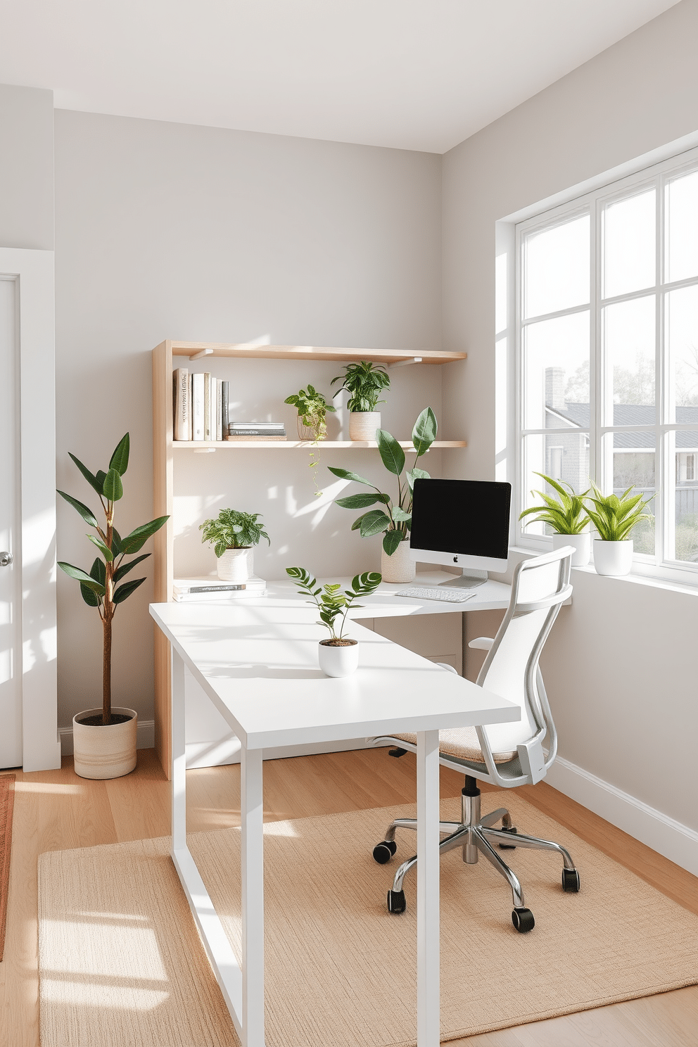 A minimalist home office featuring a sleek, white desk with clean lines and a comfortable ergonomic chair. Large windows allow natural light to flood the space, and strategically placed indoor plants enhance air quality while adding a touch of greenery. The walls are painted in a soft gray, creating a calming atmosphere, while shelves made of light wood display a few curated books and decorative items. A simple area rug in neutral tones anchors the space, and a small potted plant sits on the desk, promoting a serene work environment.