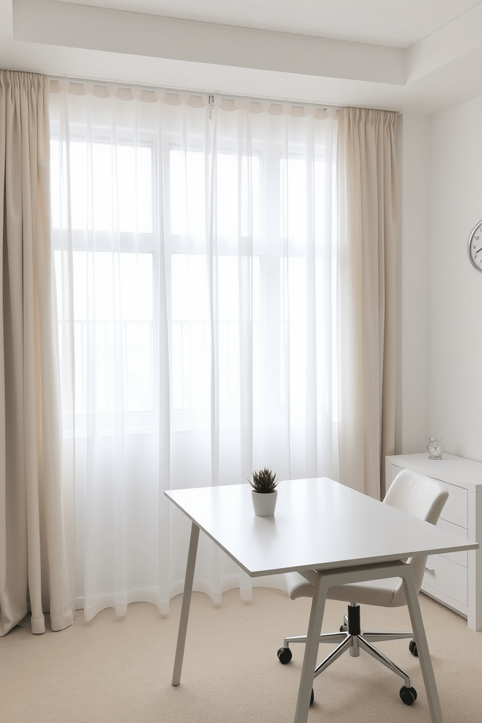 A serene home office featuring simple, sheer curtains that softly diffuse natural light. The minimalist workspace includes a sleek desk with clean lines and a comfortable chair, surrounded by neutral tones and uncluttered surfaces. The room is adorned with a few carefully chosen decorative elements, such as a small potted plant on the desk and a simple wall clock. The overall aesthetic emphasizes functionality and tranquility, creating an ideal environment for productivity.