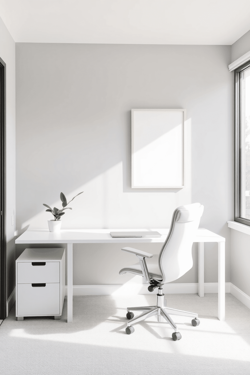 A minimalist home office featuring a sleek, white desk with a single potted plant on one corner. The walls are painted in a soft gray, and a comfortable ergonomic chair complements the clean lines of the furniture. Natural light floods the space through a large window, illuminating the simple yet elegant decor. A single framed artwork hangs above the desk, adding a touch of personality without cluttering the serene atmosphere.