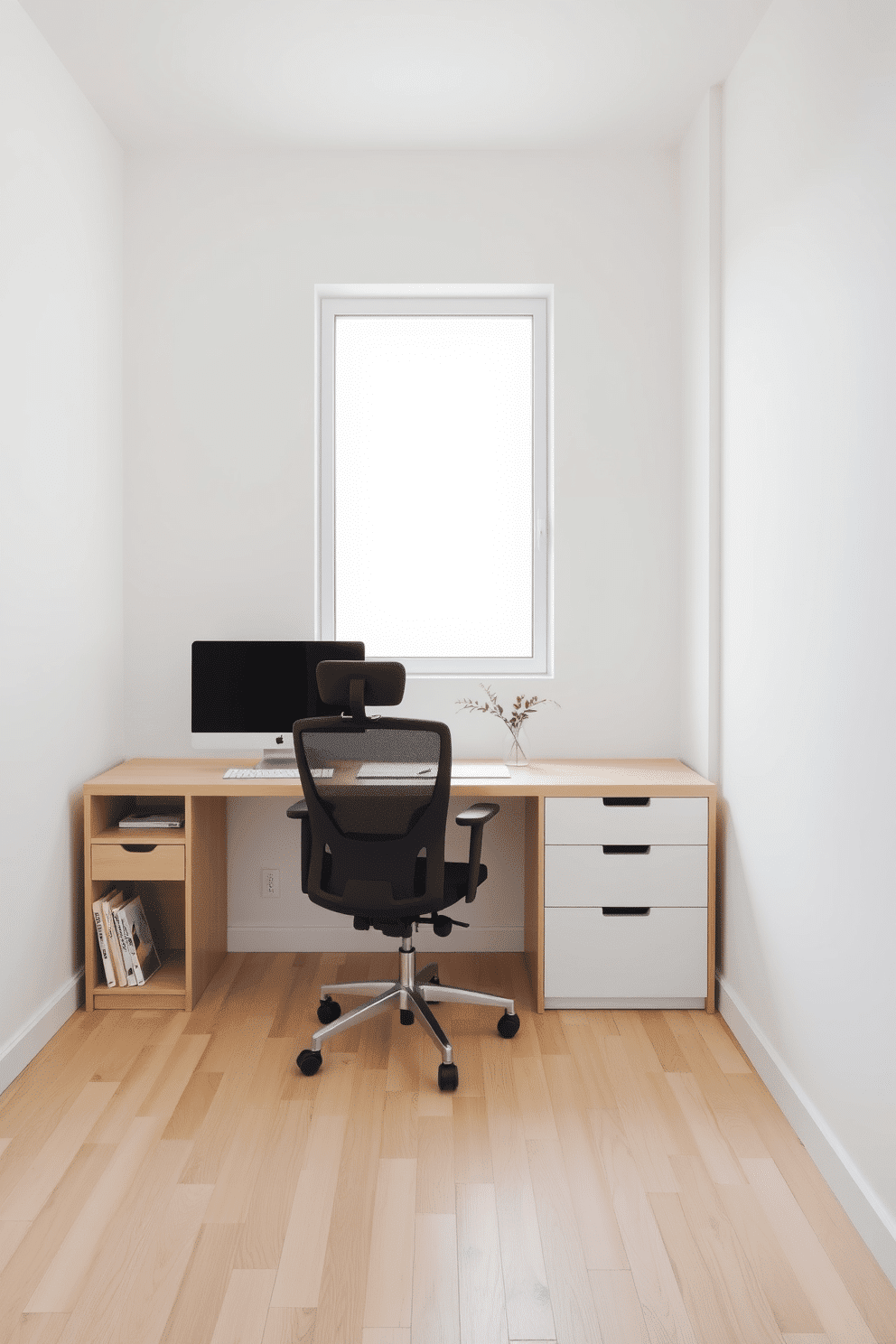 A minimalist home office design features a sleek, uncluttered desk made of light wood, paired with an ergonomic chair that promotes comfort during long hours of work. The walls are painted in a soft white hue, enhancing the sense of space, while a single large window allows natural light to flood the room, creating an inviting atmosphere. In this design, storage is kept to a minimum with a small, stylish bookshelf that holds only essential items, ensuring the workspace remains organized and functional. A subtle indoor plant sits on the desk, adding a touch of greenery without overwhelming the simplicity of the overall aesthetic.