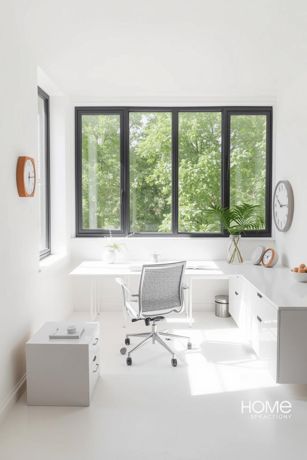 A minimalist home office features lightweight furniture that can be easily rearranged to create a versatile workspace. The desk is sleek and simple, paired with a comfortable chair that complements the clean lines of the room. Natural light floods the space through large windows, illuminating the neutral color palette of soft whites and grays. A few carefully chosen decorative elements, like a small plant and a minimalist clock, add character without overwhelming the serene atmosphere.