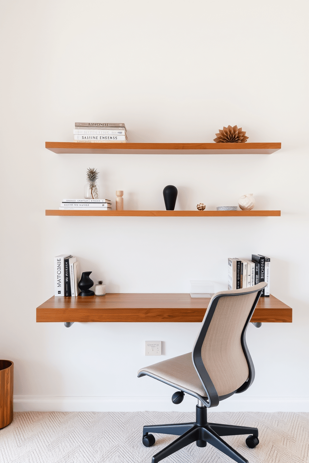 A minimalist home office features sleek floating shelves mounted on a light-colored wall, providing ample space for books and decorative items. A simple wooden desk with clean lines sits beneath the shelves, paired with an ergonomic chair in a neutral fabric.