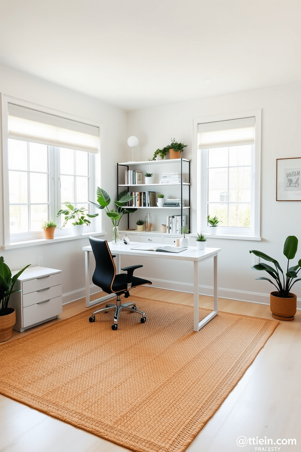 A cozy minimalist home office featuring a natural fiber rug that adds warmth and texture to the space. The desk is sleek and simple, paired with an ergonomic chair, while large windows allow ample natural light to illuminate the room. The walls are painted in a soft white, enhancing the airy feel, and a few potted plants add a touch of greenery. Shelves are neatly organized with books and minimalist decor, creating a serene and functional workspace.