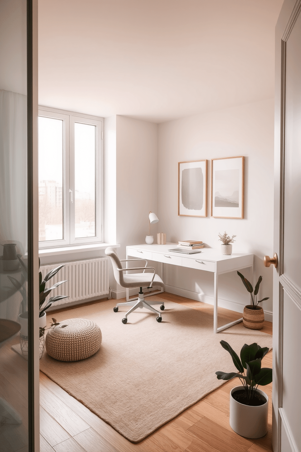 A minimalist home office featuring a neutral color palette, with soft textures that create a calming atmosphere. The space includes a sleek, white desk paired with a comfortable, light gray chair, and a large window allowing natural light to flood in. On the walls, subtle artwork in muted tones adds a touch of personality without overwhelming the space. A cozy area rug in a soft beige anchors the room, while a few potted plants bring a hint of greenery to the minimalist design.