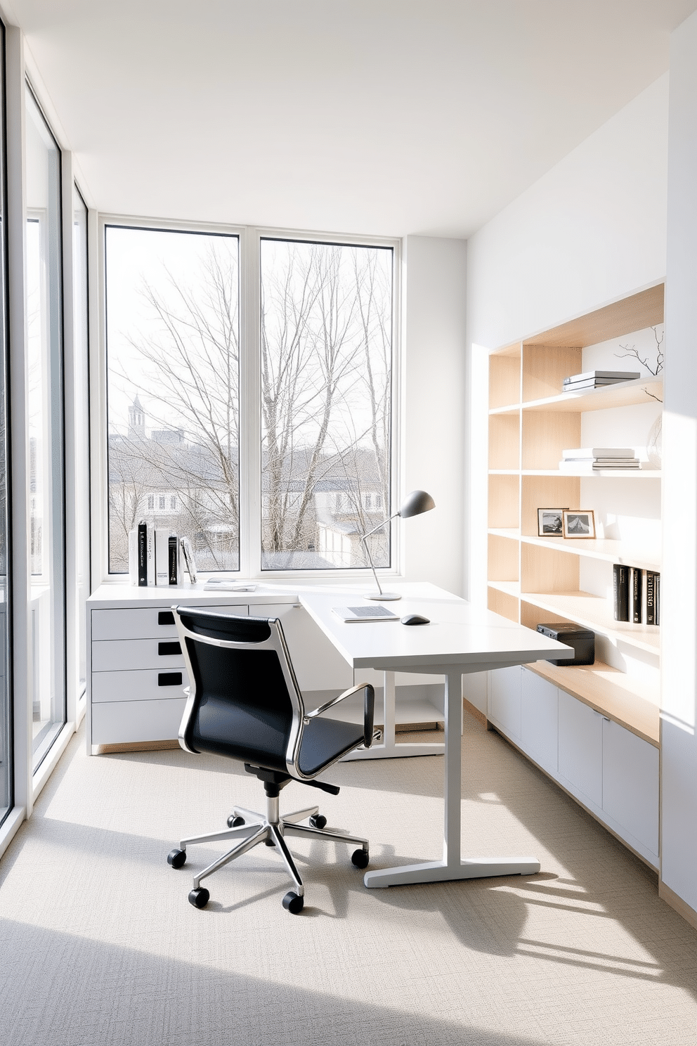 A minimalist home office bathed in natural light from large, floor-to-ceiling windows. The space features a sleek, white desk with a simple black chair, surrounded by light wood shelving that holds a few curated books and decorative items.